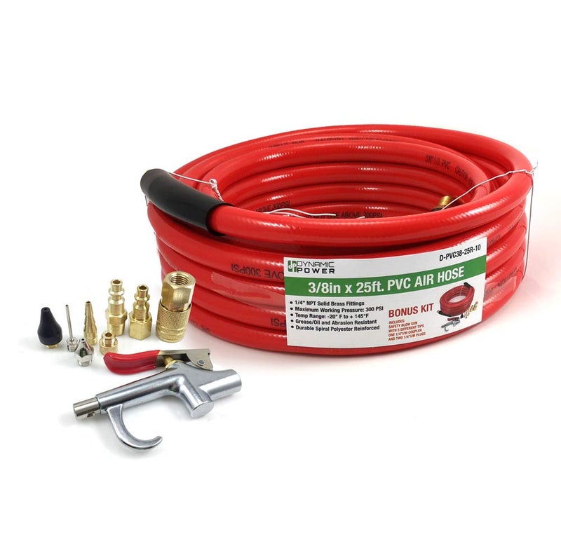 DYNAMIC POWER 3/8 x 25 FT PVC Air Compressor Hose + 10 Pieces Air Compressor Accessories Kit - Image 1